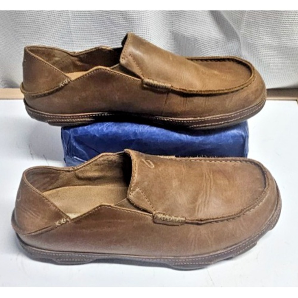 OluKai MOLOA Mens leather slip on shoes US 10.5 brown dropping heels